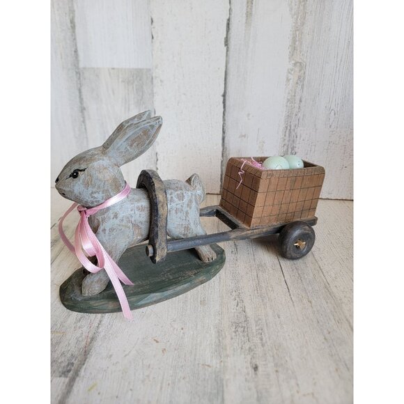 Unique wooden bunny Easter egg cart folk art vintage home decor - Picture 1 of 9